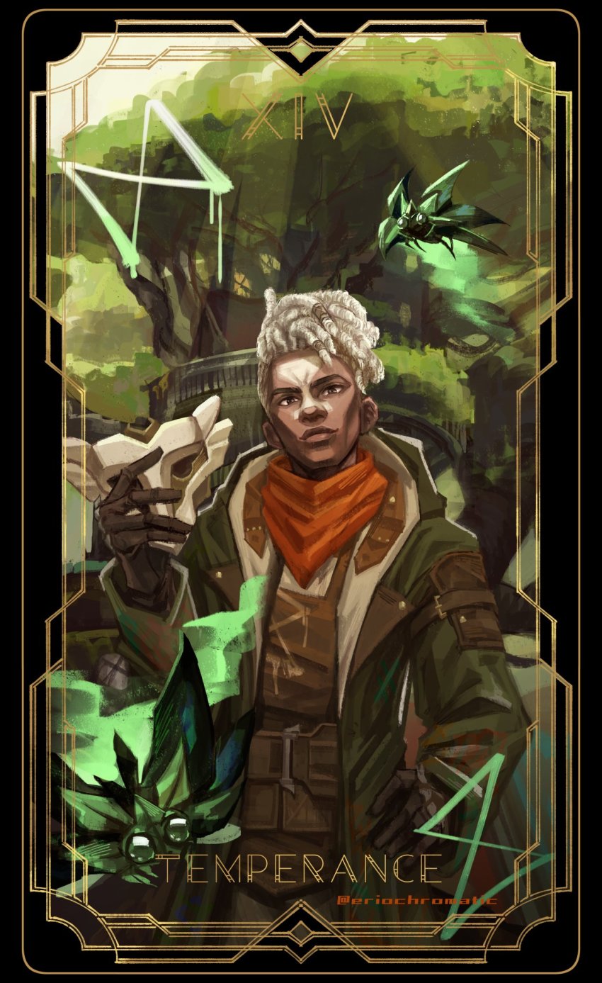 1boy arcane:_league_of_legends belt black_border border brown_belt brown_jacket brown_shirt bug card_(medium) dark-skinned_male dark_skin dreadlocks ekko_(league_of_legends) eriochromatic facial_mark firelight_ekko highres holding holding_mask jacket league_of_legends looking_at_viewer mask non-humanoid_robot open_clothes open_jacket robot robot_animal roman_numeral shirt short_hair smile tarot tarot_(medium) temperance_(tarot) tree white_shirt