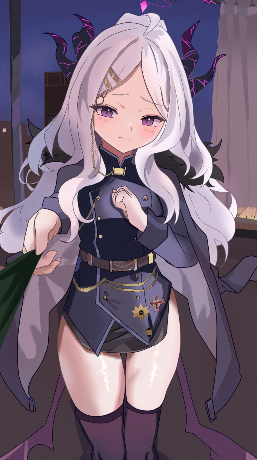 1girl absurdres ahoge black_coat black_gloves blue_archive blush breasts coat coat_on_shoulders demon_girl demon_horns demon_wings gloves halo highres hina_(blue_archive) holding_necktie horns loli long_hair looking_at_viewer night purple_eyes siegs_wurm small_breasts solo_focus thighs white_hair wings