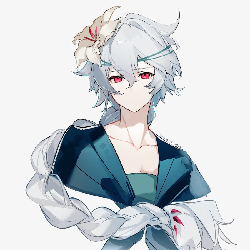 1girl absurdres braid braided_ponytail breasts capelet cleavage closed_mouth collarbone commentary cookie_run cookie_run:_kingdom cropped_torso english_commentary flower green_capelet hair_between_eyes highres humanization long_hair pink_eyes senlly_2507 simple_background solo white_background white_flower white_hair white_lily white_lily_cookie