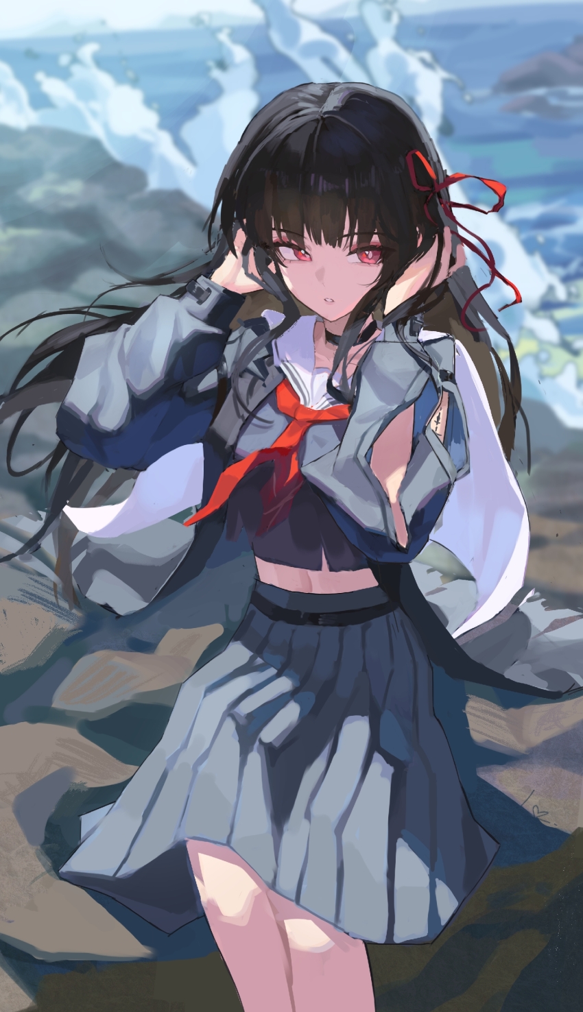 1girl absurdres arm_cutout black_choker black_hair black_jacket black_serafuku black_shirt black_skirt breasts chisa_(wuthering_waves) choker clothing_cutout crop_top hair_ribbon highres jacket long_hair long_sleeves longmaototoro looking_to_the_side medium_breasts neckerchief parted_lips red_eyes red_neckerchief red_ribbon ribbon sailor_collar school_uniform serafuku shirt sideways_glance skirt solo white_sailor_collar wind wuthering_waves