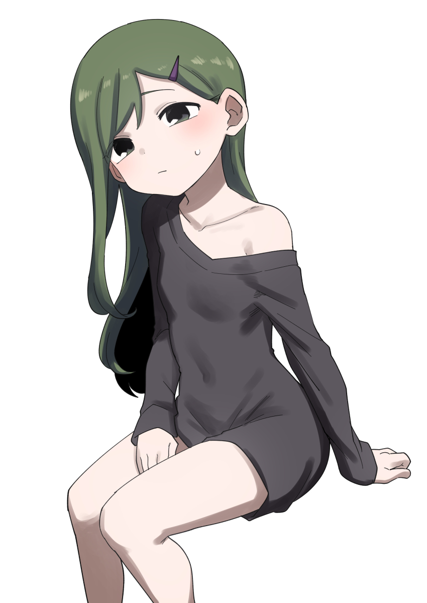 1girl absurdres blush bottomless breasts collarbone covered_navel green_eyes green_hair hair_ornament hairclip highres igarashi_futaba long_hair naked_shirt no_bra off_shoulder oversized_clothes oversized_shirt senpai_ga_uzai_kouhai_no_hanashi shiromanta shirt small_breasts solo sweatdrop