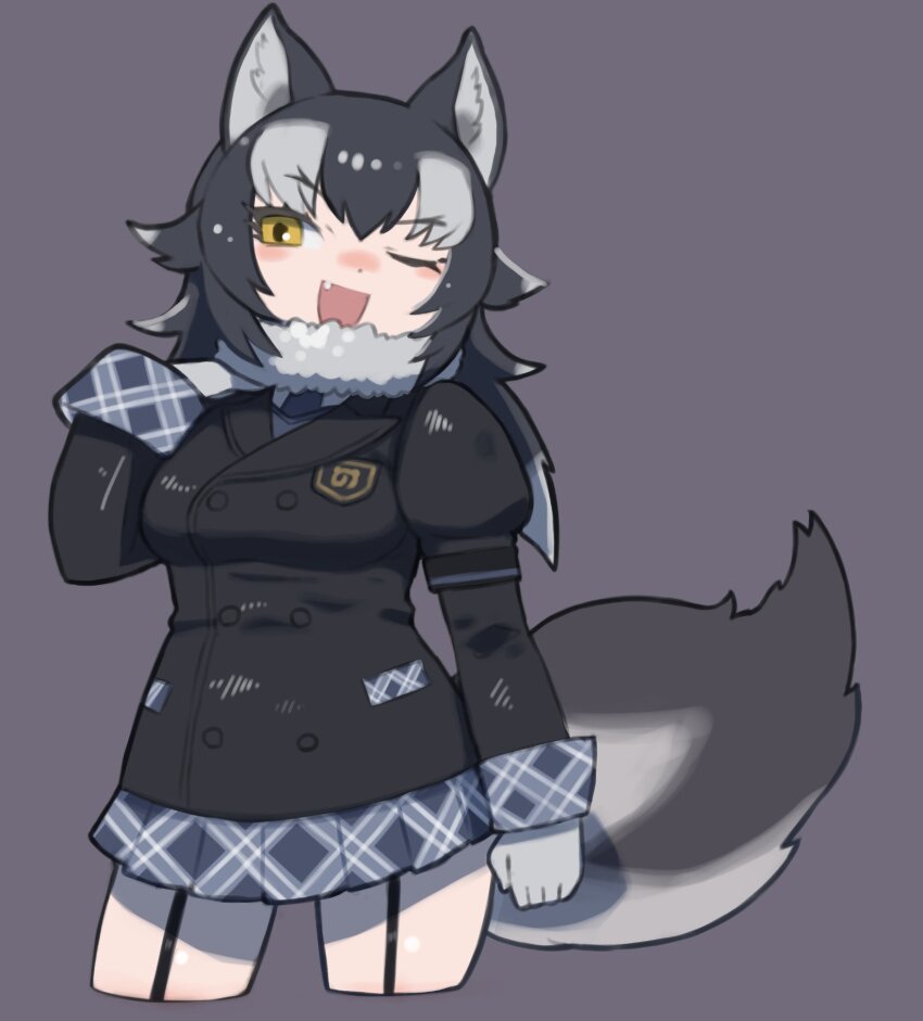 1girl adapted_costume animal_ears black_jacket blush commentary_request fang fur_collar garter_straps gloves grey_hair grey_skirt grey_trim grey_wolf_(kemono_friends) hair_between_eyes highres jacket juliet_sleeves kemono_friends long_hair long_sleeves multicolored_hair one_eye_closed open_mouth plaid_clothes plaid_skirt plaid_trim pleated_skirt puffy_sleeves rinx sidelocks skirt smile solo tail two-tone_hair white_fur white_gloves white_hair wolf_ears wolf_girl wolf_tail yellow_eyes