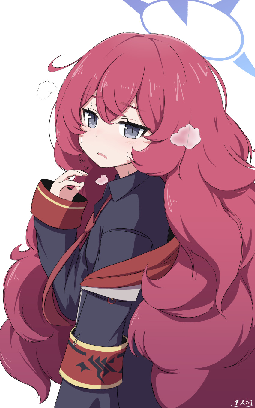 1girl absurdres armband black_coat black_shirt blue_archive blush coat collared_shirt commentary_request grey_eyes hair_between_eyes halo hand_up highres iroha_(blue_archive) long_hair long_sleeves looking_at_viewer looking_to_the_side master_m_489 necktie off_shoulder open_clothes open_coat open_mouth raised_eyebrows red_armband red_hair red_necktie safety_pin shirt sidelocks simple_background sleeves_past_wrists solo sweat very_long_hair white_background wing_collar wrist_cuffs