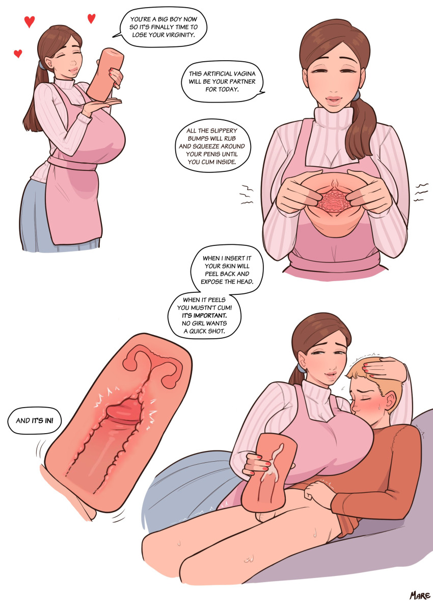 1boy 1girl absurdres apron artificial_vagina artist_name blonde_hair blush bottomless breast_press breasts brown_eyes brown_hair cum ejaculation english_text erection femdom half-closed_eyes handjob heart hetero highres huge_breasts incest looking_at_viewer mare_ten mature_female mother_and_son nail_polish nose_blush orgasm penis ponytail sex_toy simple_background sitting smile smiley_face speech_bubble sweat talking testicles third-party_edit turtleneck virgin white_background x-ray