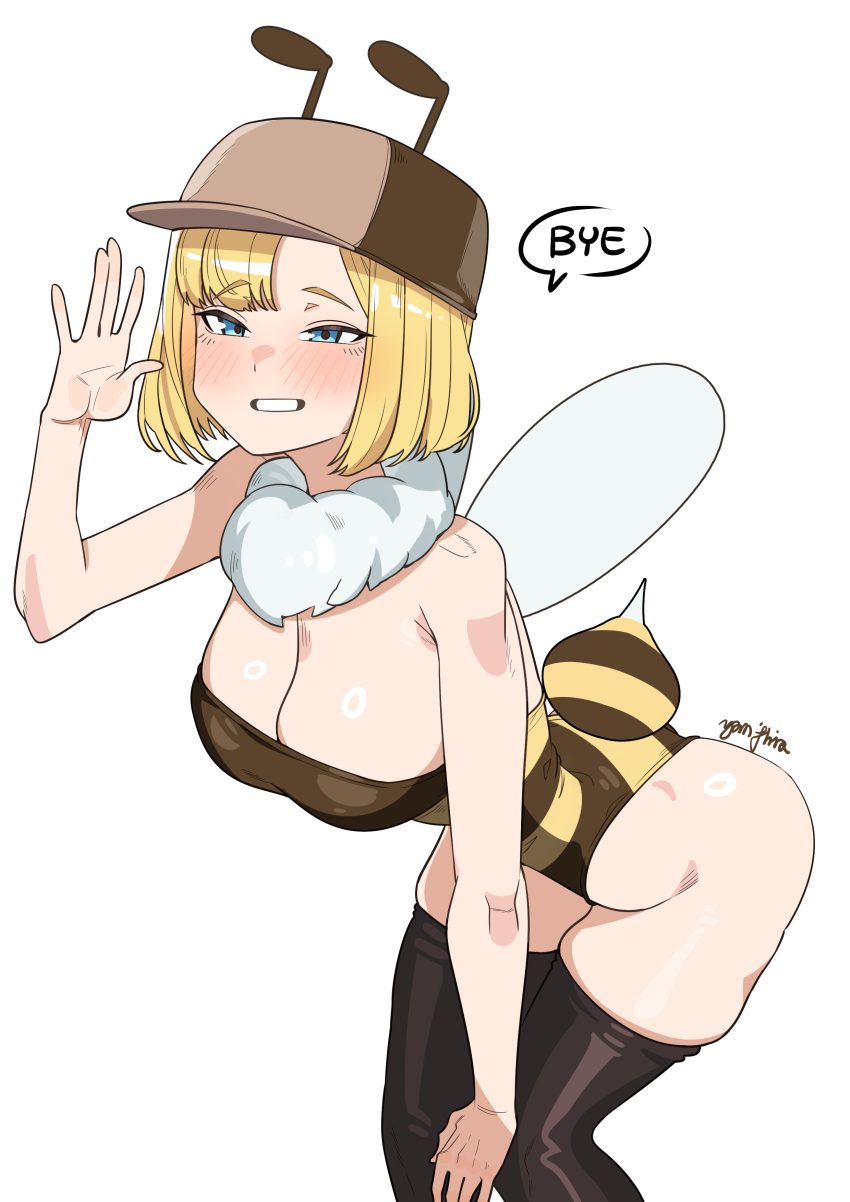 1girl absurdres antennae arthropod_girl bee bee_costume bee_girl bee_wings blonde_hair blue_eyes blush breasts bug cleavage hair_ornament hat highres hololive hololive_english insect insect_girl insect_wings looking_at_viewer short_hair smile solo stinger thighhighs virtual_youtuber watson_amelia white_background wings yan_jhia