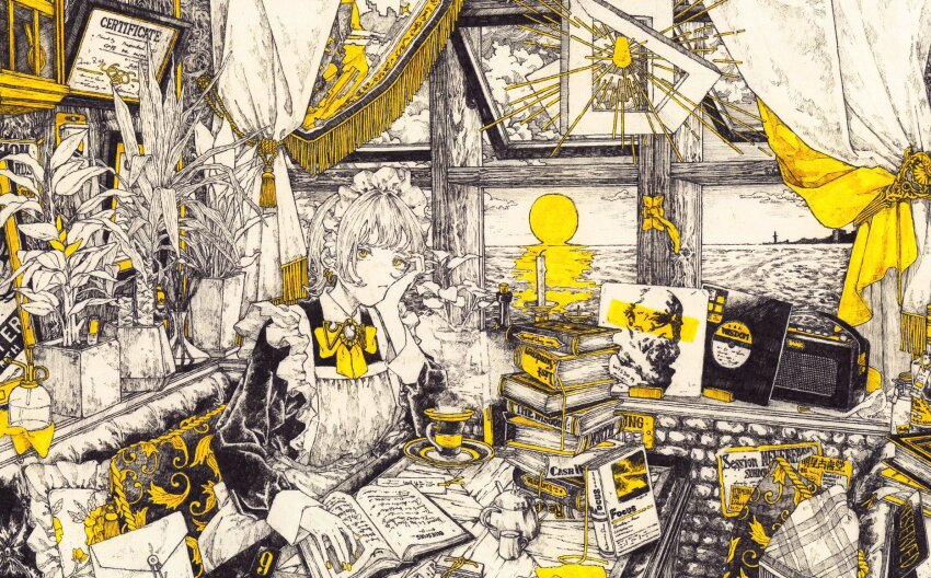 1girl apron book book_stack brick_wall curtains frilled_apron frills head_rest highres horizon indoors kitamurashu maid maid_apron maid_headdress monochrome open_book original plant potted_plant reflection solo spot_color traditional_media vinyl_record white_apron white_hair window yellow_eyes yellow_nails