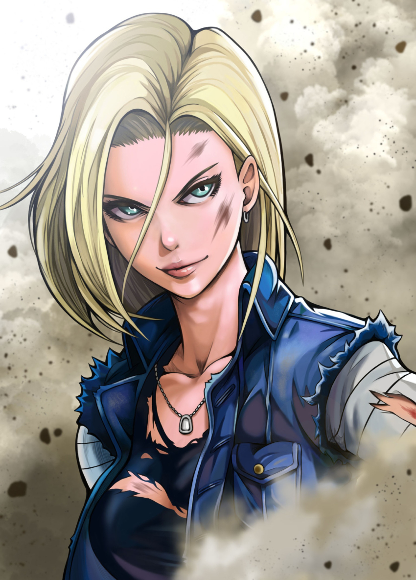 1girl android_18 asymmetrical_hair blonde_hair breasts collarbone denim denim_jacket dirty dirty_face dragon_ball dragonball_z dust_cloud earrings eyelashes forehead green_eyes hair_between_eyes highres jacket jewelry lips medium_breasts necklace nose pendant smirk solo to-ru torn_clothes torn_sleeves tsurime upper_body