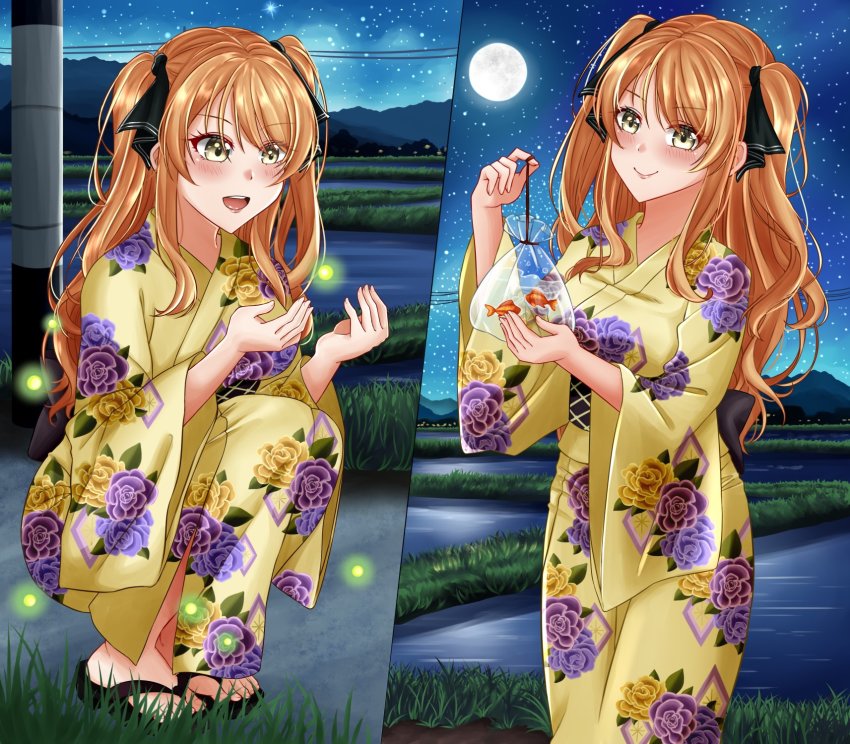 1girl ao_no_kanata_no_four_rhythm bag bagged_fish black_ribbon black_sash blonde_hair brown_eyes commission fireflies fish floral_print full_moon goldfish grass hair_ornament hair_ribbon highres japanese_clothes kimono long_hair looking_at_viewer moon mountainous_horizon multiple_views night night_sky obi okobo open_mouth outdoors platform_sandals ribbon rynn_(darknescorez) sandals sash satouin_reiko second-party_source sky smile star_(sky) starry_sky two_side_up water yellow_kimono yukata