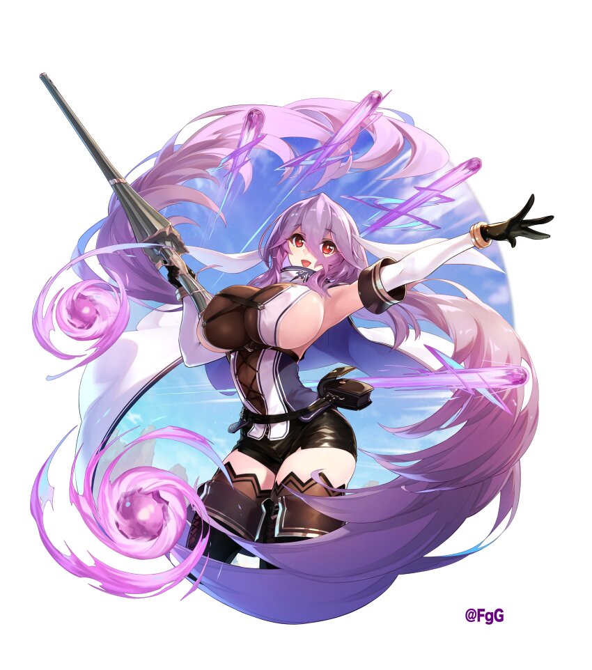 1girl :d absurdres black_gloves black_shorts blue_sky boots breasts brown_thighhighs cloak cloud commentary_request cowboy_shot day fanny_pack floating_cape freischutz_(phantom_of_the_kill) gloves gun hair_between_eyes highres holding holding_gun holding_weapon kurogi large_breasts long_hair looking_at_viewer official_art open_mouth outstretched_arm phantom_of_the_kill purple_hair red_eyes second-party_source short_shorts shorts sideboob sky smile solo thigh_boots thighhighs very_long_hair weapon white_cloak