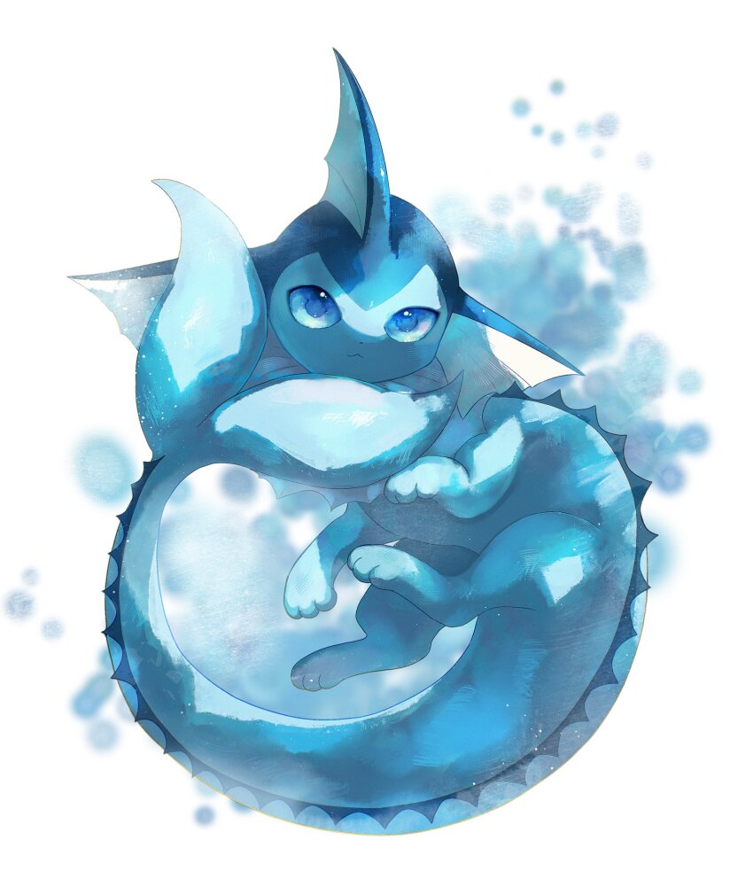 absurdres animal_focus blue_eyes closed_mouth fins floating forked_tail game_freak gen_1_pokemon head_fins highres nintendo no_humans pokemon pokemon_(creature) sasano_hamochi simple_background solo standing tail vaporeon white_background