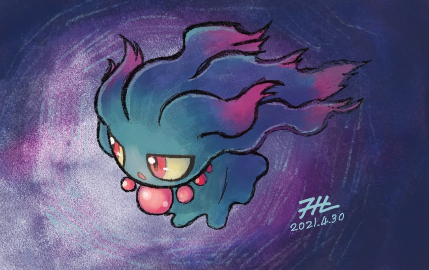 colored_sclera commentary_request dated full_body gen_2_pokemon looking_to_the_side misdreavus nintendo no_humans null_suke one-hour_drawing_challenge open_mouth orb pokemon pokemon_(creature) red_eyes signature yellow_sclera