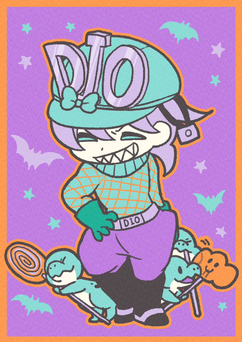1boy absurdres aqua_bow aqua_eyes aqua_helmet argyle_clothes argyle_sweater bat_(animal) belt black_boots boots bow candy chibi commentary commentary_request diego_brando dinosaur dinosaur_tail food gloves green_gloves grin hat highres jodhpurs jojo_no_kimyou_na_bouken lollipop m_a_a_m_8 male_focus medium_hair pants purple_background purple_hair purple_pants scary_monsters_(stand) sharp_teeth smile solo spurs stand_(jojo) star_(symbol) steel_ball_run sweater tail teeth turtleneck turtleneck_sweater