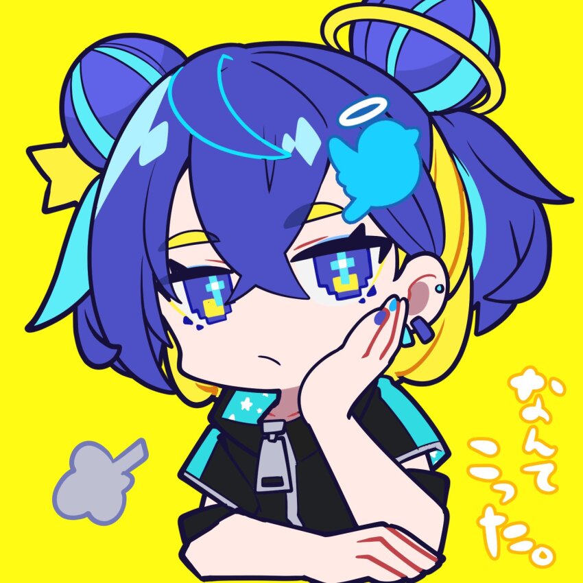 1girl aqua_hair bird_hair_ornament black_shirt blonde_hair blue_eyes blue_hair closed_mouth ear_piercing earrings hair_ornament hand_on_own_face head_rest highres jewelry logo_hair_ornament multicolored_hair mzh nail_polish original piercing pixel_eyes puff_of_air shirt short_hair simple_background solo translation_request twitter_logo upper_body yellow_background zipper