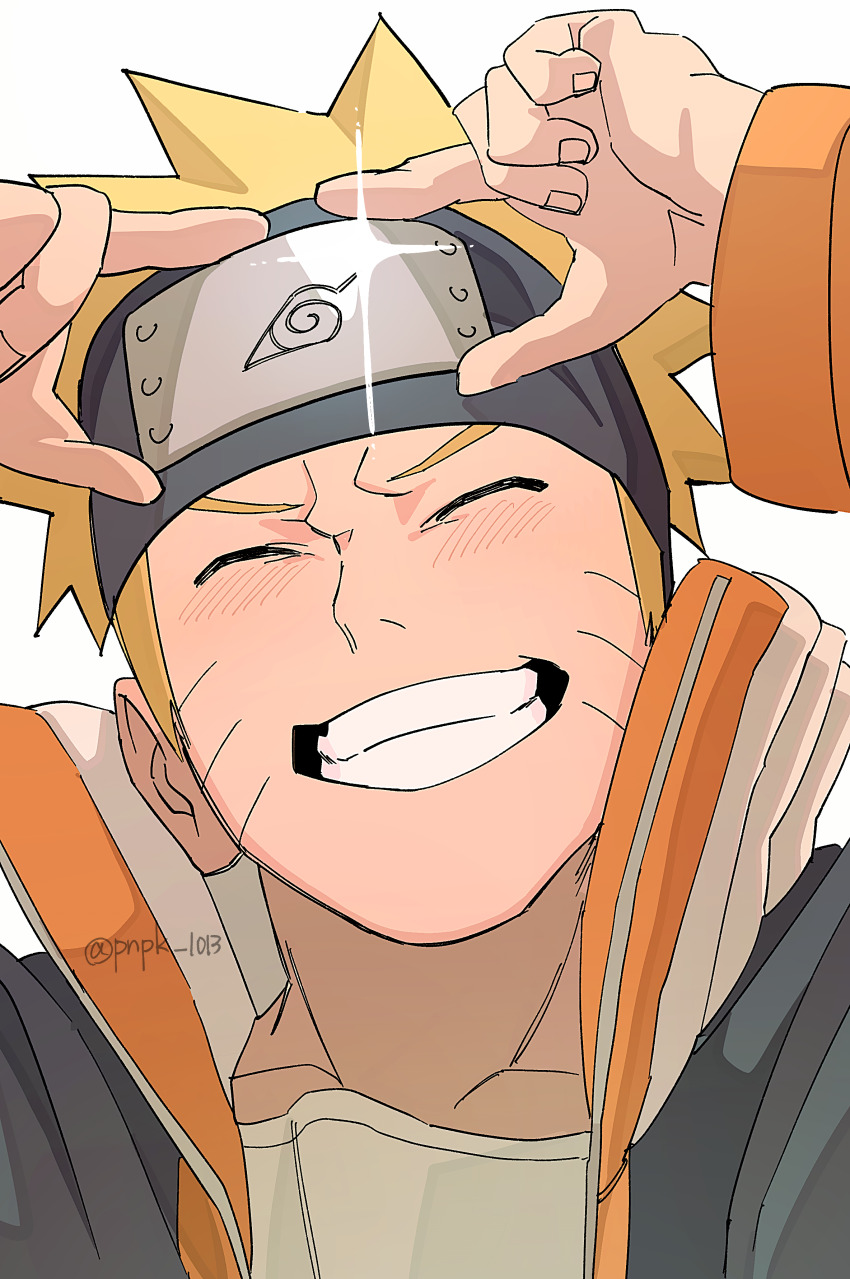 1boy absurdres blonde_hair closed_eyes facial_mark forehead_protector highres jacket konohagakure_symbol male_focus multicolored_jacket naruto_(classic) naruto_(series) open_clothes open_jacket parted_lips pnpk_1013 portrait shirt simple_background smile solo sparkle spiked_hair track_jacket twitter_username uzumaki_naruto whisker_markings white_background white_shirt