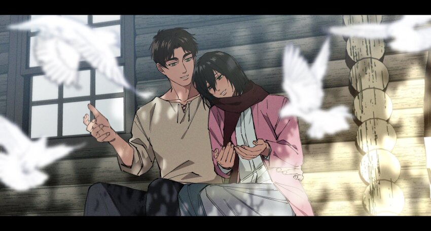 1boy 1girl 35ohama_yu bird black_hair black_pants blue_eyes blurry blurry_foreground brown_eyes building cardigan collarbone commentary couple dappled_sunlight eren_yeager feet_out_of_frame grey_skirt hair_between_eyes hand_on_another&#039;s_waist head_on_another&#039;s_shoulder highres leaning_on_person long_sleeves looking_at_another medium_hair mikasa_ackerman open_cardigan open_clothes open_hands pants parted_lips pink_cardigan red_scarf scarf shingeki_no_kyojin shirt short_hair sitting skirt sleeves_rolled_up sunlight white_shirt window wooden_wall