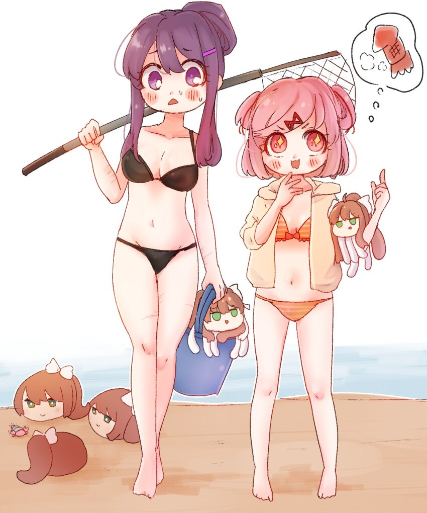 2girls :&lt; :d animalization bare_shoulders barefoot beach bikini black_bikini blush blush_stickers bob_cut bow bow_bikini breasts bright_pupils brown_hair bucket carrying_over_shoulder closed_mouth collarbone commentary creature day doki_doki_literature_club fishing_net full_body green_eyes groin hair_between_eyes hair_bow hair_ornament hair_ribbon hair_up hairclip hand_up height_difference hermit_crab highres holding holding_bucket holding_creature holding_net hood hood_down hungry index_finger_raised ituu_kiriko jacket jacket_over_swimsuit jitome long_hair looking_at_animal looking_at_another looking_to_the_side looking_up medium_breasts midriff monika_(doki_doki_literature_club) multiple_girls natsuki_(doki_doki_literature_club) navel nervous nervous_sweating ocean open_clothes open_jacket open_mouth orange_bikini outdoors parted_lips pink_eyes pink_hair pointing pointing_up ponytail purple_eyes purple_hair raised_eyebrow red_ribbon ribbon romaji_commentary sand scar scar_on_arm scar_on_leg self-harm_scar short_hair side-by-side sidelocks small_breasts smile sparkle sparkling_eyes speech_bubble spoken_food squid standing steam striped_bikini striped_clothes sweat sweatdrop swept_bangs swimsuit thought_bubble two_side_up upturned_eyes v-shaped_eyebrows walking water wavy_mouth white_background white_bow white_pupils white_ribbon worried x_hair_ornament yellow_jacket yuri_(doki_doki_literature_club)