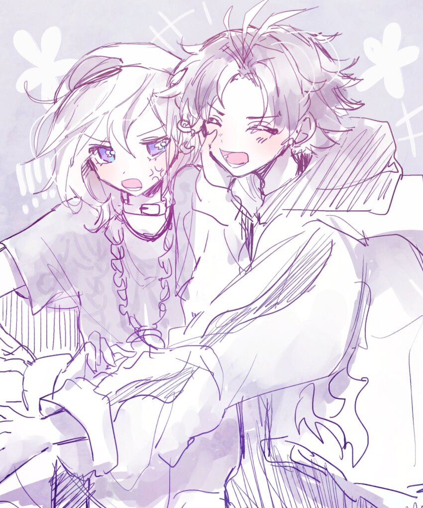 2boys absurdres anger_vein blush choker closed_eyes facing_viewer highres hood hood_down hoodie looking_at_another male_focus multicolored_background multiple_boys onczmz open_mouth paradox_live purple_background purple_eyes sketch sugasano_allen white_background yaoi yatonokami_kanata