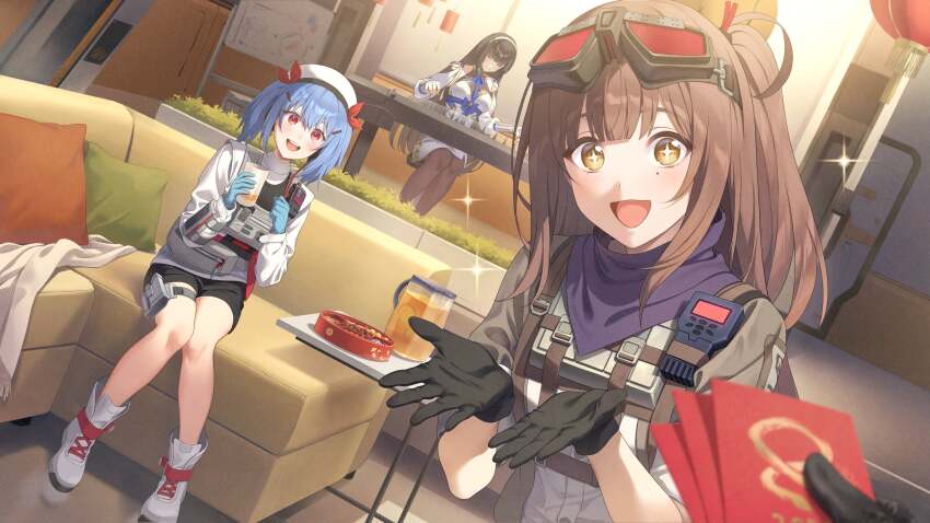 3girls absurdres artist_request bandana bandana_around_neck beret black_gloves black_pantyhose black_shorts blue_gloves blue_hair blush boots bow brown_hair brown_jacket closed_eyes closed_mouth colphne_(girls&#039;_frontline_2) commentary couch cross-laced_footwear cup daiyan_(girls&#039;_frontline_2) dress english_commentary girls&#039;_frontline girls&#039;_frontline_2:_exilium gloves goggles goggles_on_head guzheng hair_bow hairband hat highres holding holding_cup hongbao indoors instrument jacket long_hair looking_at_viewer mayling_shen_(girls&#039;_frontline_2) mole mole_under_eye multiple_girls music on_couch open_mouth pantyhose playing_instrument pov pov_hands purple_bandana red_bow second-party_source short_hair short_twintails shorts sitting sparkle sparkling_eyes table tactical_clothes teeth twintails type_95_(girls&#039;_frontline) upper_teeth_only white_dress white_footwear white_hairband white_hat white_jacket whiteboard