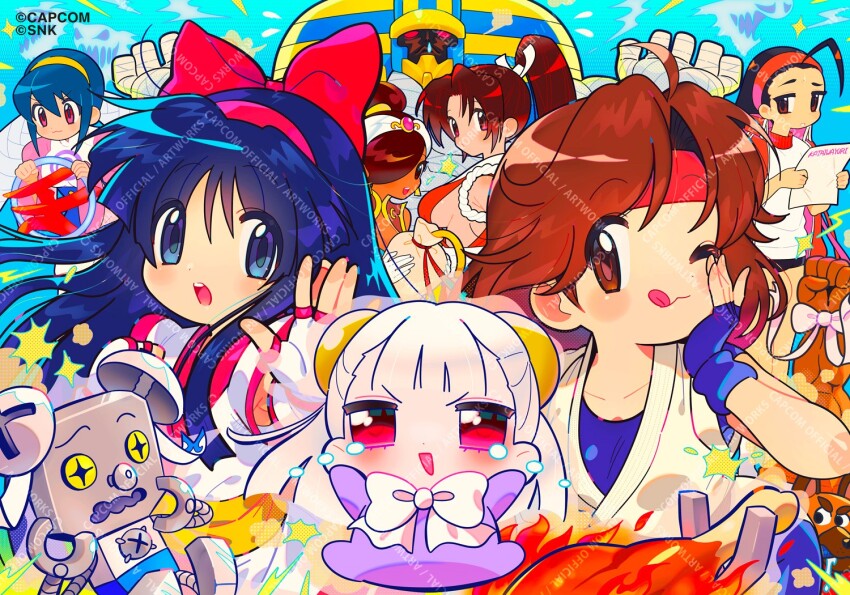 1boy 6+girls :3 :d :o :q anakaris black_hair blue_eyes blue_gloves blue_hair bow bowtie breasts brown_eyes brown_hair capcom capcom_fighting_jam character_request chibi copyright_request crossover crying crying_with_eyes_open dark-skinned_female dark_skin darkstalkers fatal_fury fingerless_gloves gloves hair_bow hair_over_one_eye hairband headband iinchou_(justice_gakuen) ingrid_(capcom) justice_gakuen kataiwa_yuri long_hair looking_at_viewer multiple_girls mummy nakoruru official_art one_eye_closed open_mouth pink_eyes ponytail power_stone red_bow red_eyes red_hairband red_headband robot rouge_(power_stone) ryuuko_no_ken samurai_spirits second-party_source shiranui_mai sideboob smile snk tears the_king_of_fighters tongue tongue_out watermark white_bow white_bowtie white_gloves white_hair yuri_sakazaki
