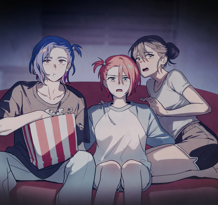1boy 2girls absurdres amate_yuzuriha aqua_eyes blue_hair colored_inner_hair couch eating food gundam gundam_gquuuuuux hair_bun hair_ornament hairclip highres indoors long_hair multicolored_hair multiple_girls nyaan_(gundam_gquuuuuux) on_couch one_side_up otakulifewow pants popcorn purple_hair red_eyes red_hair seiza shirt short_hair short_sleeves shorts shuji_ito single_hair_bun sitting tearing_up two-tone_hair yellow_eyes