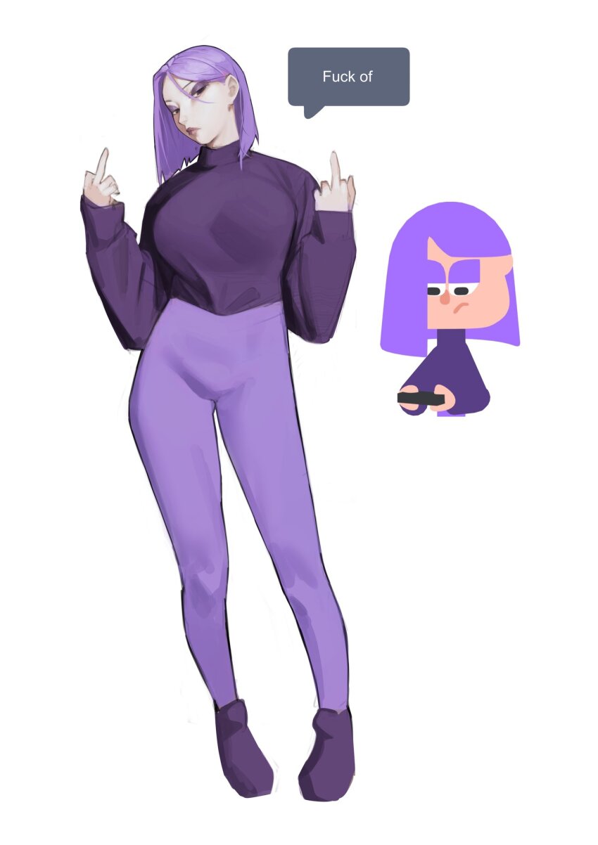 1girl black_sweater double_middle_finger duolingo english_text highres leggings lily_(duolingo) looking_at_viewer middle_finger purple_hair purple_leggings reference_inset simple_background speech_bubble sweater sweetcassava white_background