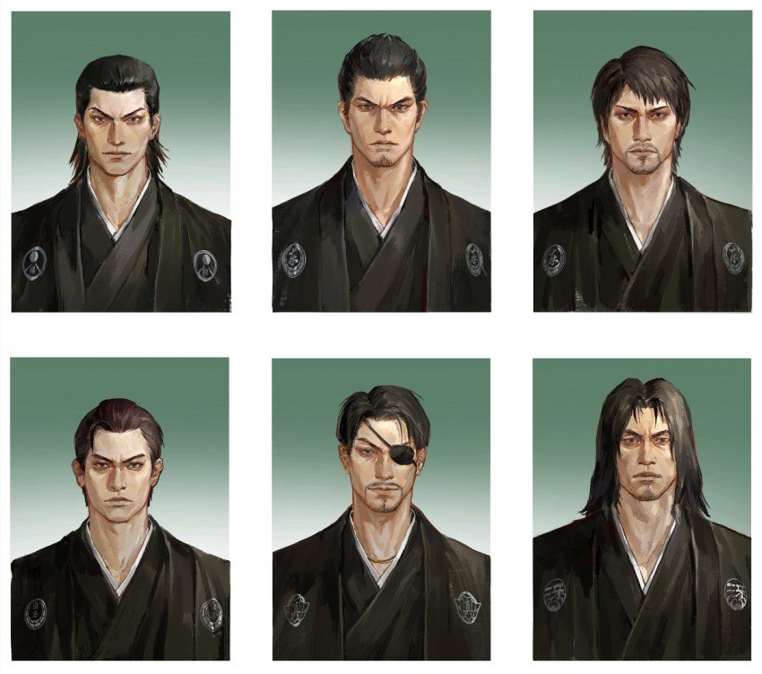 6+boys black_hair black_kimono dojima_daigo expressionless eyepatch fuboku_(pixiv_15351590) japanese_clothes kimono kiryu_kazuma looking_at_viewer majima_goro male_focus mine_yoshitaka multiple_boys nishikiyama_akira portrait ryuu_ga_gotoku_(series) saejima_taiga