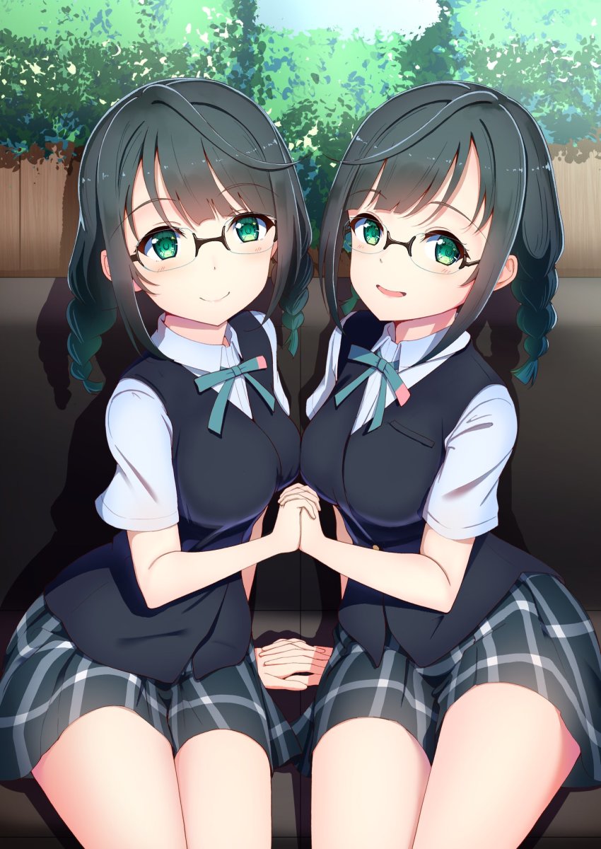 amagi_(volfuji) buttons collared_shirt couch dress_shirt fingers_together green_neckwear grey_skirt highres incest love_live! love_live!_nijigasaki_high_school_idol_club love_live!_school_idol_festival neck_ribbon nijigasaki_school_uniform nijigasaki_student_council_secretary plaid_clothes plaid_skirt pleated_skirt ribbon school_uniform semi-rimless_eyewear shirt siblings sisters skirt twins white_shirt winter_uniform yuri