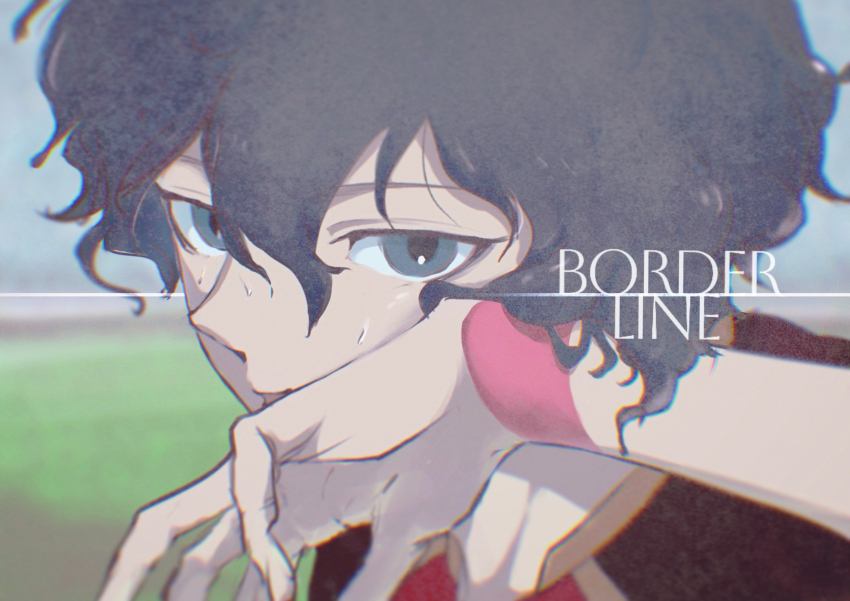 1boy absurdres black_hair blue_eyes blue_lock bracelet hand_up highres jewelry kiyora_jin long_hair looking_at_viewer male_focus messy_hair red_shirt shirt soccer_field soccer_uniform solo sportswear sweatdrop