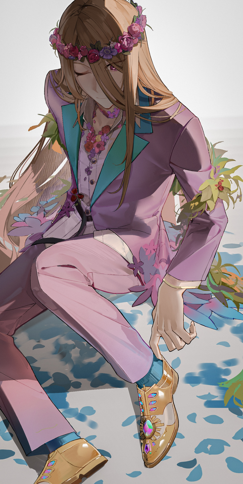 1boy ;) belt black_belt blonde_hair blue_socks brown_shoes closed_mouth eyes_visible_through_hair fate/grand_order fate_(series) fingernails flower flower_wreath full_body hair_between_eyes head_wreath highres jacket lapels loafers long_belt long_fingernails long_hair long_sleeves male_focus notched_lapels one_eye_closed open_clothes open_jacket pants petals pink_flower pink_jacket pink_pants purple_eyes purple_flower red_flower shirt shoes simple_background sitting smile socks solo very_long_hair white_background white_shirt wolfgang_amadeus_mozart_(fate) wolfgang_amadeus_mozart_(traveling_outfit)_(fate) yellow_flower yukkuri_(fumoyun)