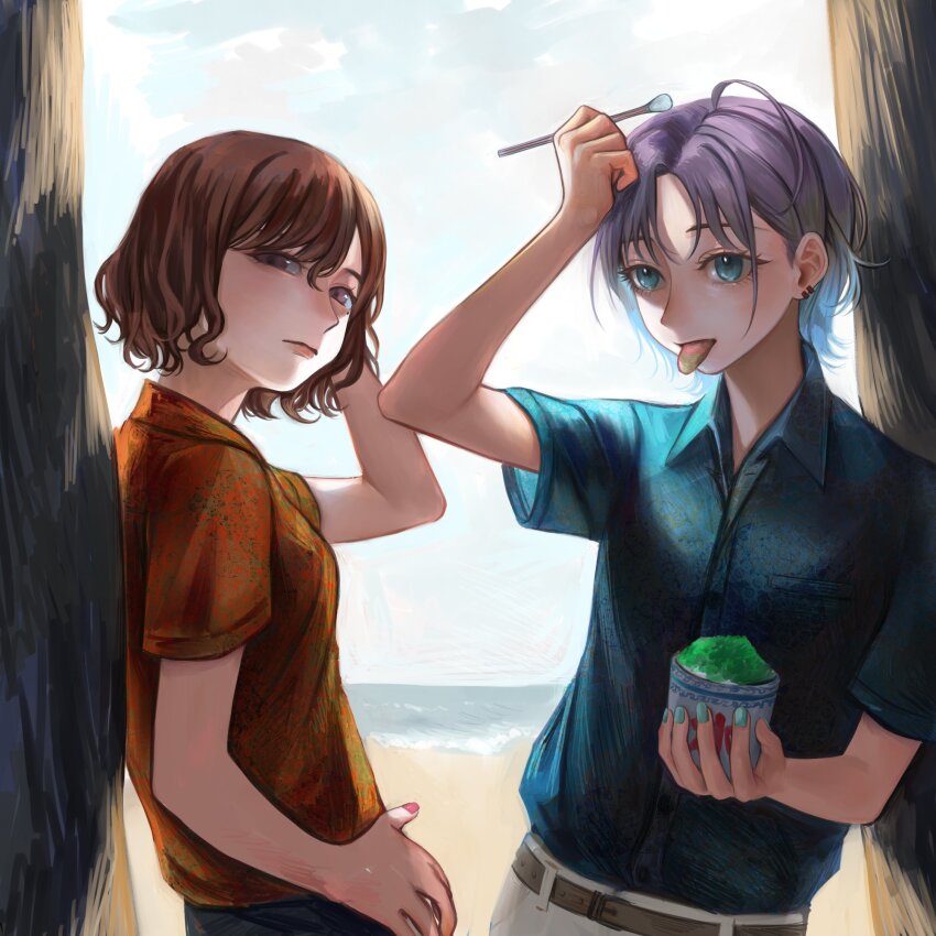 2girls against_wall alternate_costume asakura_toru beach black_pants blue_eyes blue_hair blue_shirt breasts brown_eyes brown_hair closed_mouth collared_shirt colored_tongue day food gradient_hair green_tongue half-closed_eyes hand_on_own_head hand_on_own_hip highres higuchi_madoka holding holding_food holding_spoon horizon idolmaster idolmaster_shiny_colors looking_at_viewer multicolored_hair multiple_girls ocean open_mouth orange_shirt outdoors pants patterned_clothing purple_hair shaved_ice shirt shirt_tucked_in short_hair short_sleeves small_breasts spoon tongue tongue_out white_pants yamaichi_(yama3ichi4)