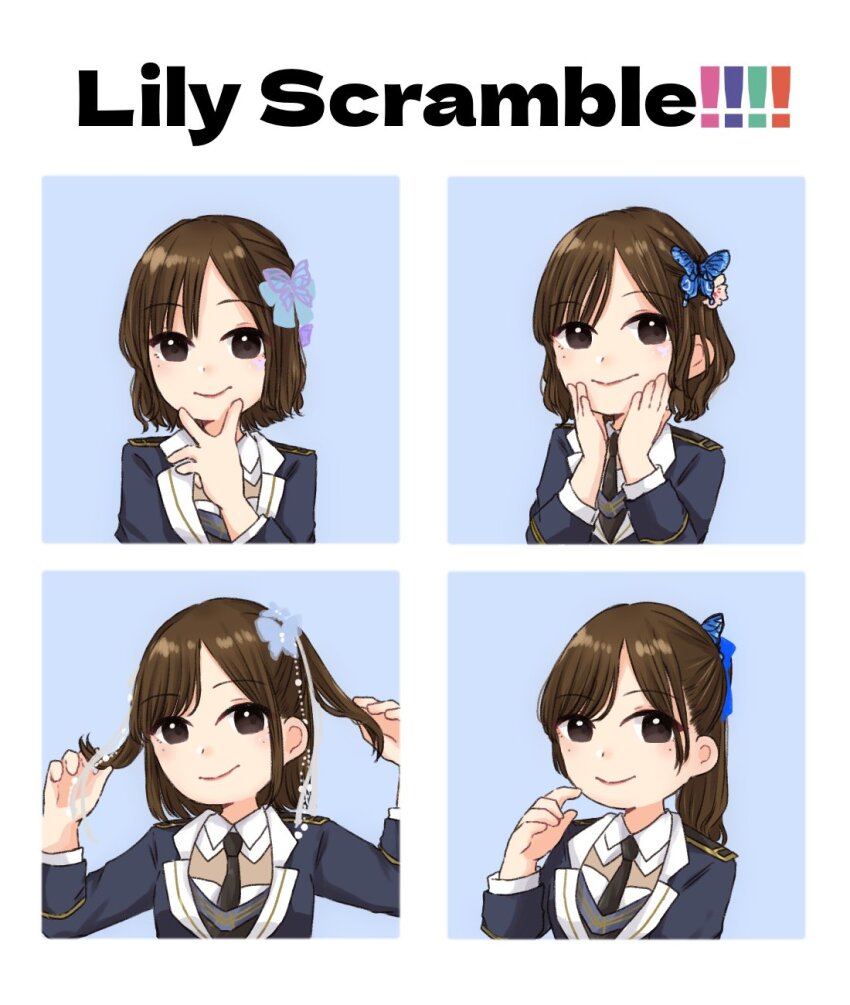 1girl actor actor_connection assault_lily blue_background blue_bow blue_jacket bow brown_eyes brown_hair butterfly_hair_ornament closed_mouth collared_shirt commentary copyright_name cosplay earrings funada_kiito funada_kiito_(cosplay) grey_ribbon hair_bow hair_ornament hair_ribbon hand_to_own_mouth hand_up hands_on_own_cheeks hands_on_own_face hands_up highres holding holding_own_hair ishii_haruna jacket jewelry long_sleeves looking_at_viewer medium_hair mole mole_under_eye multiple_views nigari_(ngari_0115) ponytail real_life ribbon shirt short_hair simple_background smile swept_bangs symbol-only_commentary upper_body v v_over_mouth white_shirt