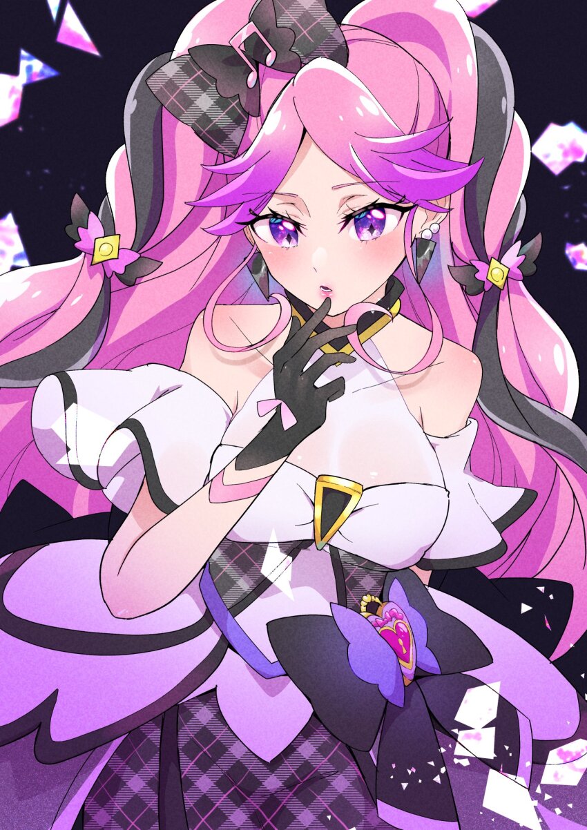 1girl argyle_background bare_arms bare_shoulders black_gloves black_hair braid breaking breasts broken_glass choker cleavage cure_kiss diamond_(shape) dress earrings eyelashes fortissimo frilled_dress frilled_skirt frilled_sleeves frills gingham_dress glass gloves gradient_hair hair_ornament hair_ribbon half_gloves hand_to_own_mouth hands_on_own_face heart-shaped_lock highres jewelry kimi_to_idol_precure lips long_hair mikorin multicolored_hair multiple_earrings musical_note musical_note_hair_ornament off_shoulder parted_bangs pearl_earrings pink_hair pouch precure purple_eyes ribbon shattered skirt solo solo_focus thigh_pouch twin_braids twintails upper_body very_long_hair