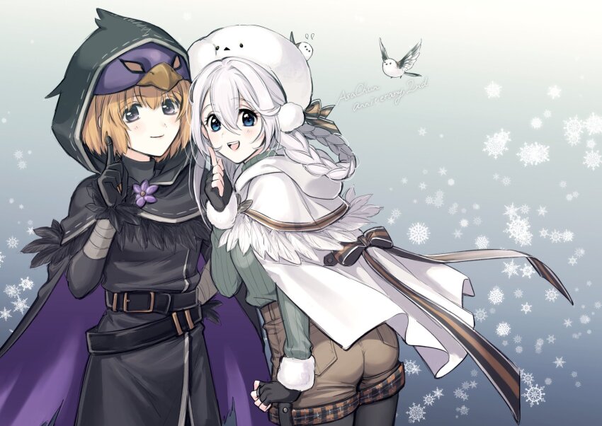 2girls :d alternate_costume anniversary aoba_chika beret bird bird_mask black_cape black_gloves black_pantyhose blue_eyes braid braided_hair_rings brown_shorts cape capelet character_name closed_mouth commentary_request cowboy_shot gloves hair_between_eyes hair_rings hat highres hood hood_up hooded_cape long-tailed_tit long_hair long_sleeves looking_at_viewer looking_back magia_record:_mahou_shoujo_madoka_magica_gaiden mahou_shoujo_madoka_magica mask miura_asahi miura_asahi_(halloween_costume) multiple_girls official_alternate_costume open_mouth orange_hair pantyhose purple_eyes ship_name short_hair shorts smile snowflakes standing tit_(bird) white_capelet white_hair white_hat yukishiro_(hitsuji)