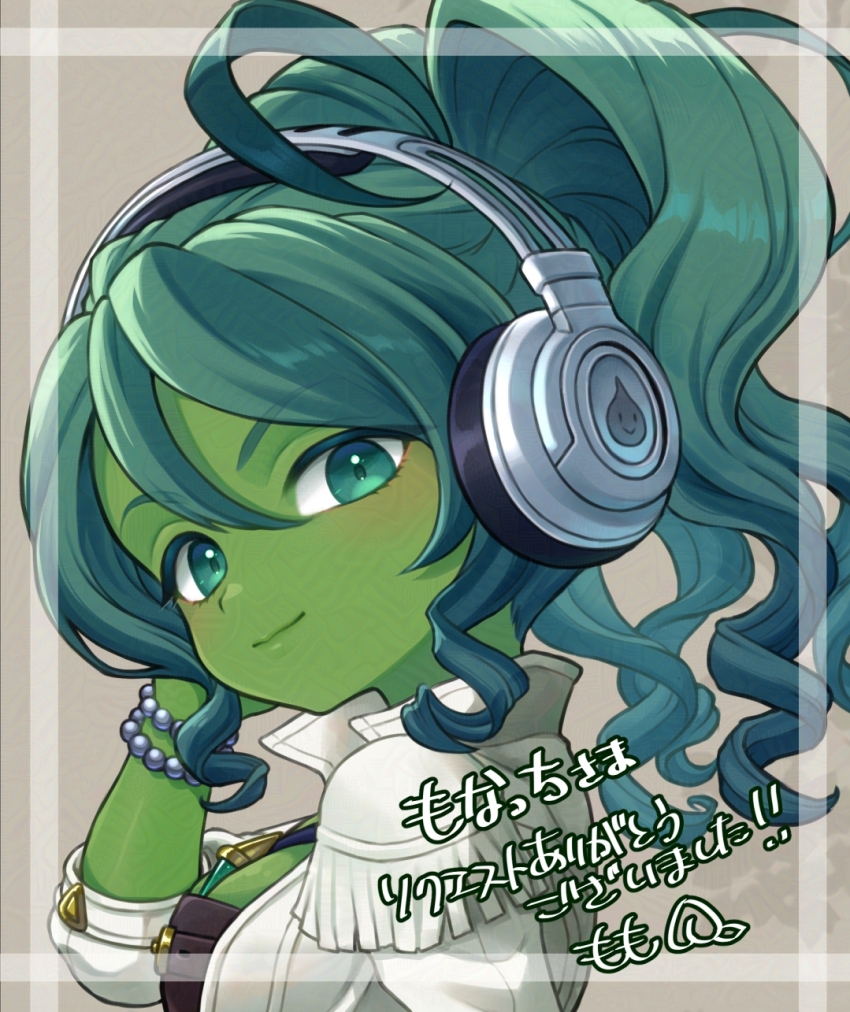 1girl adversarial_noise aqua_eyes bead_bracelet beads bracelet breasts colored_eyelashes colored_skin commentary_request commission curly_hair dragon_quest dragon_quest_x dwarf_(dq10) epaulettes green_hair green_skin hair_between_eyes headphones high_ponytail highres jewelry large_breasts light_smile looking_at_viewer looking_back momo_nei necklace ponytail skeb_commission slime_(dragon_quest) solo translated upper_body