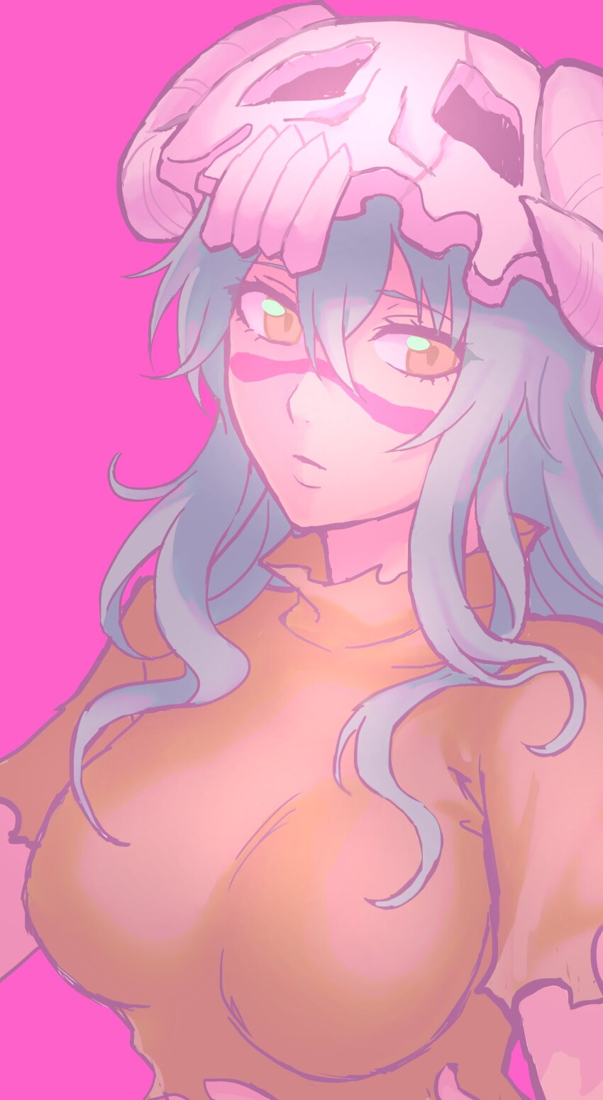 1girl absurdres bleach breasts closed_mouth espada facial_mark green_hair highres large_breasts long_hair mask mask_on_head meri~nu nelliel_tu_odelschwanck simple_background skull_on_head torn_clothes upper_body