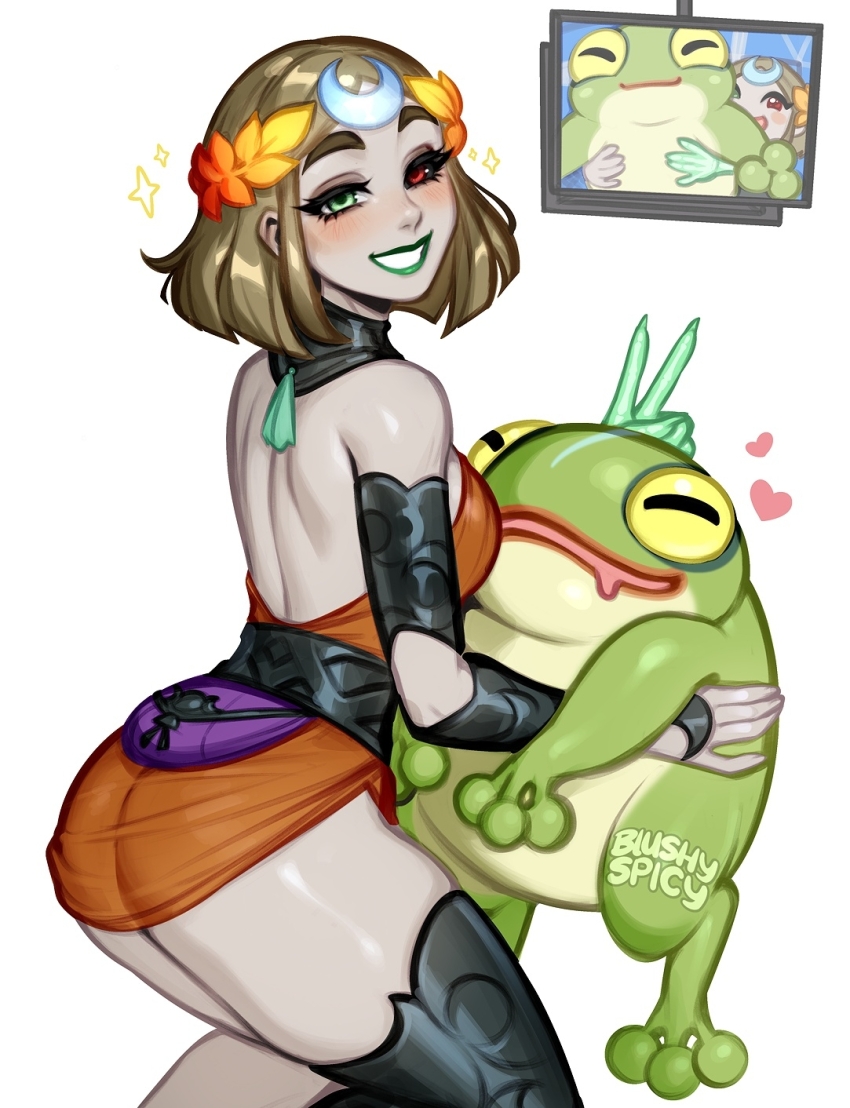 1girl artist_name ass asymmetrical_arms blush blushyspicy breasts commentary english_commentary frinos_(hades) frog glowing_arm green_arm green_eyes green_lips grin hades_(series) hades_2 heart heterochromia highres laurel_crown looking_back melinoe_(hades) red_eyes short_hair smile thick_thighs thighs v white_background