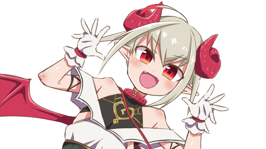 1girl ahoge bangle bare_shoulders belt_collar black_undershirt blush bracelet collar curled_horns demon_girl demon_horns demon_wings dress dutch_angle dyed_ahoge fangs gloves gold_trim grey_hair hair_between_eyes hands_up heart highres horns jewelry konboi-eg lace-up looking_at_viewer makaino_ririmu makaino_ririmu_(1st_costume) multicolored_hair nijisanji off-shoulder_dress off_shoulder open_mouth palms pixie_cut pointy_ears red_collar red_eyes red_hair red_horns red_wings shirt_under_dress short_hair sidelocks simple_background smile solo streaked_hair upper_body virtual_youtuber white_background white_dress white_gloves wings
