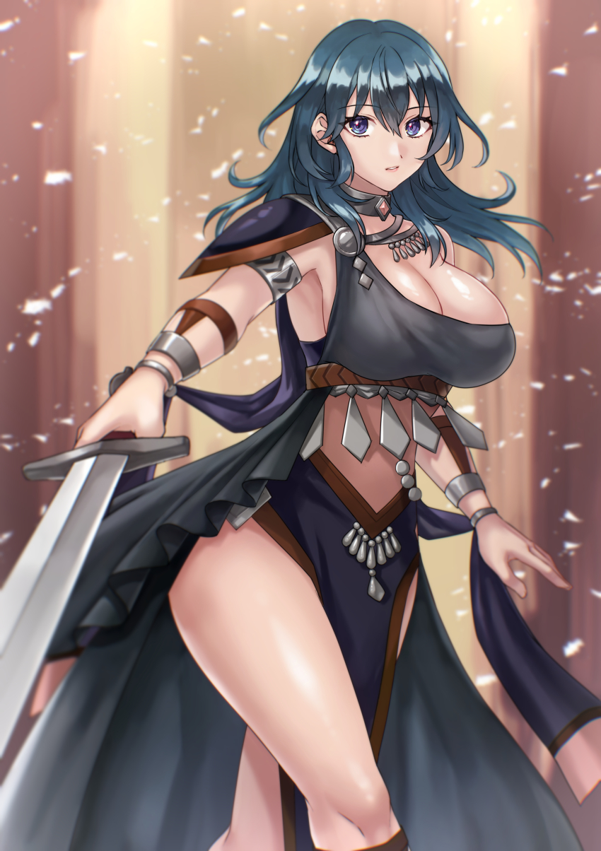 1girl absurdres armlet armor armpits blue_hair breasts cleavage commentary_request dancer dancer_(fire_emblem:_three_houses) female_byleth_(fire_emblem) fire_emblem fire_emblem:_three_houses floating_hair hair_between_eyes hazuki_(nyorosuke) highres holding holding_weapon jewelry large_breasts long_hair looking_at_viewer nintendo official_alternate_costume pauldrons pelvic_curtain revision shoulder_armor single_pauldron solo sword thighs weapon