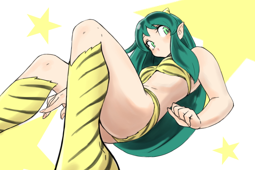 1girl animal_print bikini cone_horns fur_bikini green_hair horns lips long_hair looking_at_viewer lum oni pointy_ears solo strapless strapless_bikini swimsuit tiger_print toshinoshin urusei_yatsura