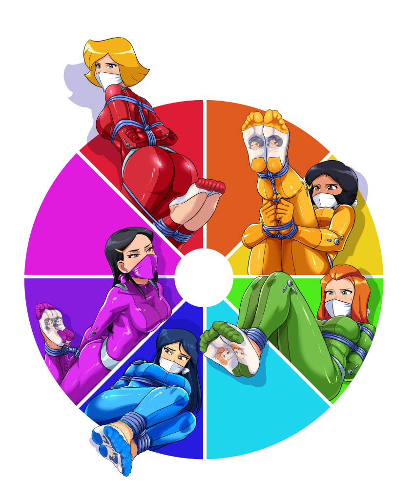 5girls absurdres alex_(totally_spies) ass bdsm black_hair blonde_hair blue_eyes bondage bound bound_ankles bound_arms bound_fingers bound_legs bound_torso bound_wrists breasts britney_(totally_spies) brown_eyes catsuit cloth_gag clover_(totally_spies) color_wheel_challenge dark-skinned_female dark_skin gag gagged green_eyes highres improvised_gag lipstick lost_one_zero makeup mandy_(totally_spies) mole multiple_drawing_challenge multiple_girls over_the_nose_gag red_hair rope sam_(totally_spies) socks totally_spies