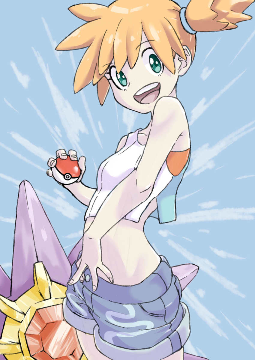 1girl absurdres asymmetrical_hair bare_shoulders blush breasts denim denim_shorts gen_1_pokemon green_eyes gym_leader highres legs looking_at_viewer misty_(pokemon) navel nintendo open_mouth orange_hair osome_tei pokemon pokemon_lgpe ponytail shirt short_hair short_shorts shorts side_ponytail smile starmie white_shirt