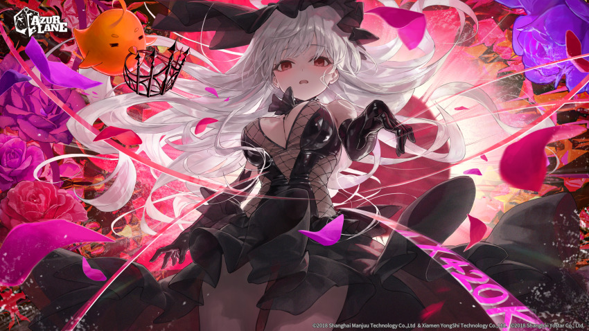 1girl architecture azur_lane backless_dress backless_outfit black_dress black_veil breasts bridal_veil commentary copyright_name copyright_notice crown dress fishnet_fabric goth_fashion hair_spread_out highres latex latex_dress long_hair looking_at_viewer milestone_celebration mini_crown official_art queen_elizabeth_(azur_lane) queen_elizabeth_(meta)_(azur_lane) red_eyes roha sleeveless solo strapless strapless_dress thorns veil