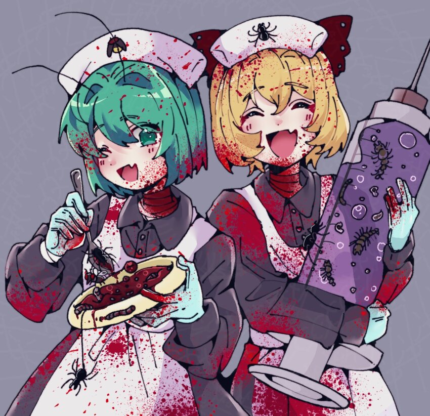 2girls :d alternate_costume antennae apron bandaged_neck bandages black_dress blood blood_on_clothes blood_on_face blue_gloves blush bob_cut bobotatamu bow brown_bow bug closed_eyes collared_dress commentary_request cowboy_shot dress fang firefly fly gloves green_eyes green_hair grey_background hair_bow hair_intakes hat highres holding holding_syringe insect kurodani_yamame large_syringe looking_at_viewer multiple_girls nurse nurse_cap one_eye_closed open_mouth oversized_object rubber_gloves short_hair simple_background skin_fang smile spider syringe touhou white_apron white_hat worm wriggle_nightbug