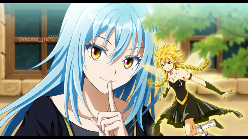1girl 1other arm_strap black_arm_warmers black_border black_dress blonde_hair blue_hair blurry blurry_foreground border braid breasts cleavage closed_mouth collarbone dress fairy finger_to_mouth hayase_jun index_finger_raised jewelry kneehighs letterboxed long_hair looking_at_viewer pendant pointy_ears ramiris rimuru_tempest shushing small_breasts smile socks straight_hair strapless strapless_dress tensei_shitara_slime_datta_ken twin_braids white_socks yellow_eyes