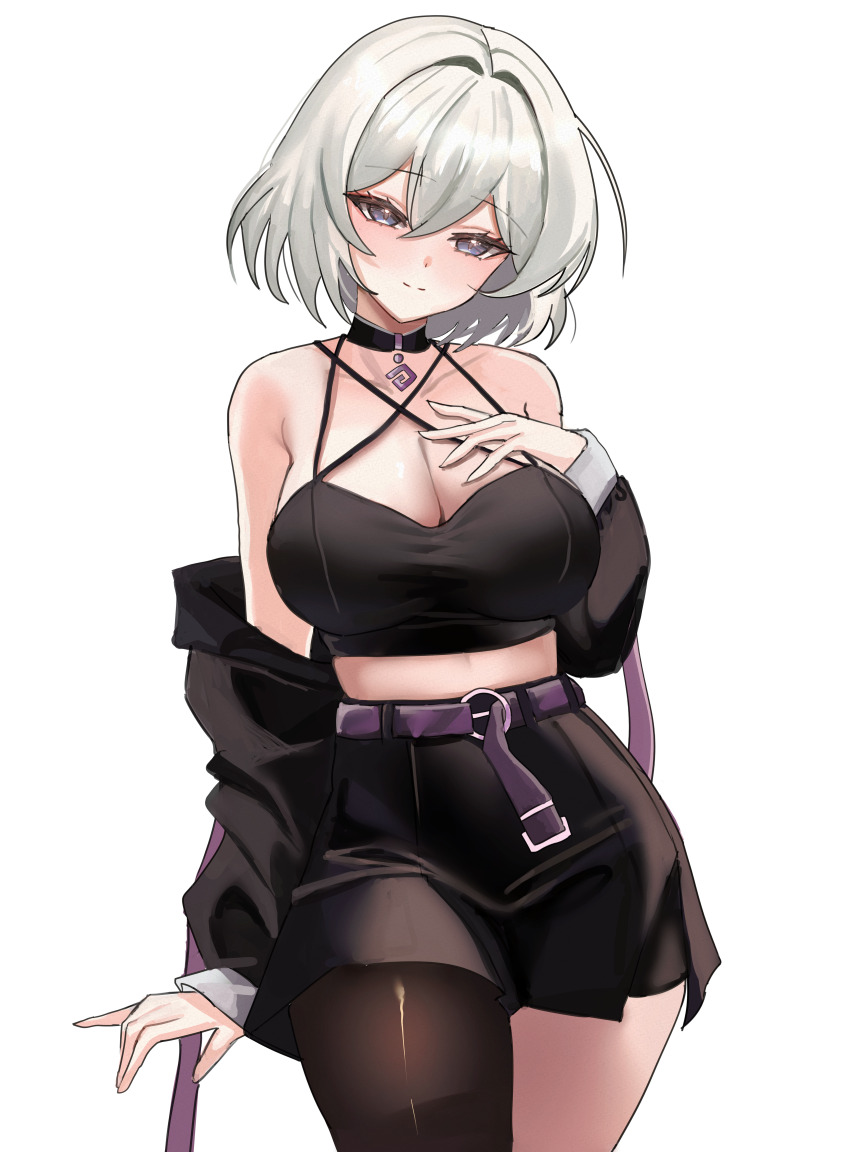 1girl absurdres bare_shoulders belt black_choker black_jacket black_shirt black_skirt blue_eyes breasts brown_pantyhose choker cleavage closed_mouth commission cowboy_shot crop_top hand_on_own_chest high-waist_skirt highres jacket large_breasts long_sleeves looking_at_viewer midriff multi-strapped_shirt off_shoulder open_clothes open_jacket original pantyhose rudang shirt short_hair simple_background single_leg_pantyhose skirt sleeveless sleeveless_shirt smile solo spaghetti_strap standing white_background white_hair