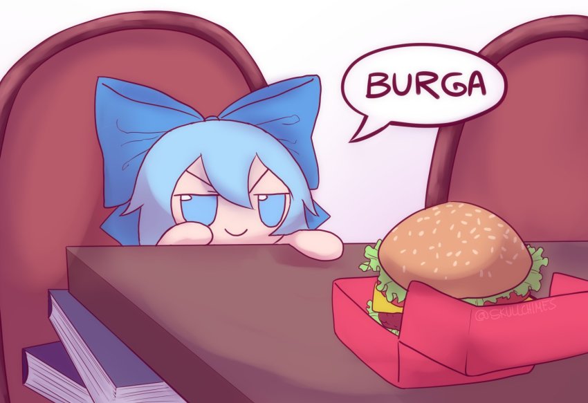 1girl blue_bow blue_dress blue_eyes blue_hair book book_stack bow box burger chair cheese cirno dress english_text food fumo_(doll) hair_bow highres lettuce short_hair short_sleeves skullchimes smile solo speech_bubble table tomato touhou twitter_username typo v-shaped_eyebrows