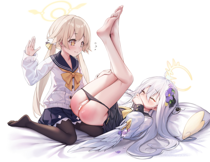 2girls ass azusa_(blue_archive) bar_censor bare_legs barefoot black_panties black_sailor_collar black_skirt blue_archive brown_hair brown_pantyhose cat_cube censored closed_eyes closed_mouth covering_own_mouth flower hair_flower hair_ornament halo hifumi_(blue_archive) legs legs_up long_hair long_sleeves looking_at_another low_twintails lying multiple_girls on_back panties panty_pull pantyhose pillow purple_flower pussy sailor_collar school_uniform serafuku skirt soles spanked spanking thighs toes twintails underwear white_hair white_wings wings yellow_eyes yellow_halo