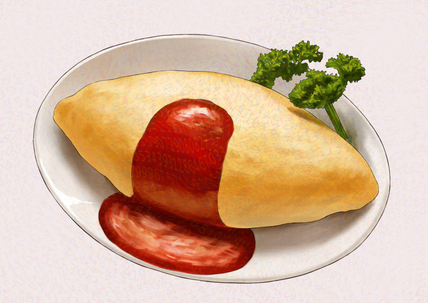 absurdres broccoli commentary_request food food_focus highres ketchup no_humans omelet omurice original plate still_life vegetable white_background zukkiy