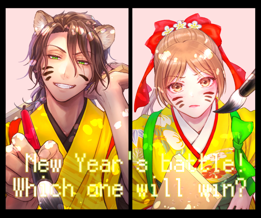 1boy 1girl animal_ears black_border border brown_hair commentary_request crowdance dark-skinned_male dark_skin english_text facepaint facial_mark green_eyes grin hagoita hanetsuki highres holding holding_paddle holding_paintbrush japanese_clothes kimono leona_kingscholar lion_boy lion_ears long_hair looking_at_viewer new_year orange_eyes paddle paintbrush pink_background ponytail scar scar_across_eye scar_on_face smile twisted_wonderland upper_body whisker_markings yellow_kimono yuu_(twisted_wonderland)