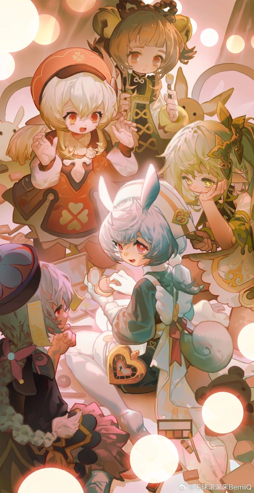 5girls :d bell beret bloom blurry bokeh child curled_tail depth_of_field dress fairy_lights genshin_impact hair_bell hair_ornament happy hat highres indoors klee_(genshin_impact) looking_at_another makeup makeup_brush maoqiu_gungun_lai_berriiiq multiple_girls nahida_(genshin_impact) on_floor open_mouth qiqi_(genshin_impact) shorts sigewinne_(genshin_impact) sitting smile stuffed_animal stuffed_toy teddy_bear trait_connection wariza watermark weibo_watermark yaoyao_(genshin_impact)
